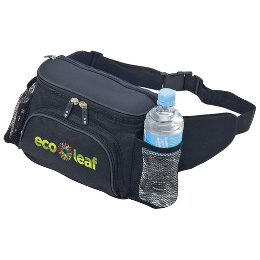 A black hiking waist bag with a drink bottle in a mesh pocket and a zippered compartment. It features a logo.