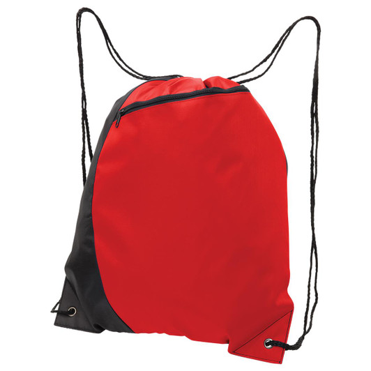 A red and black drawstring bag featuring a zip pocket and adjustable cords. It has a logo on the front.