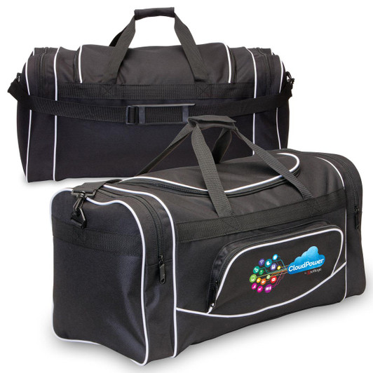 A black duffle bag with white piping and a logo on the side. Features dual handles and a detachable shoulder strap.