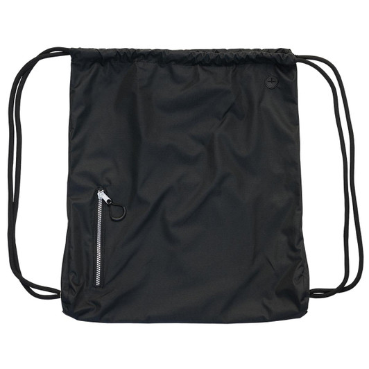 A black drawstring bag featuring a zippered pocket and a logo. Ideal for carrying small items.