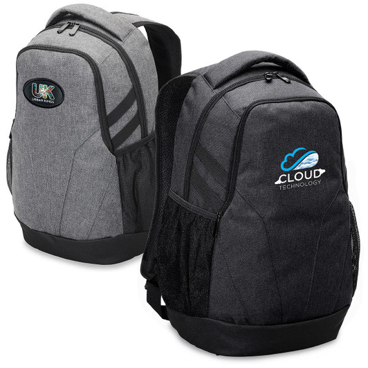 A grey laptop backpack with black accents, featuring two different logos on each side and mesh side pockets.