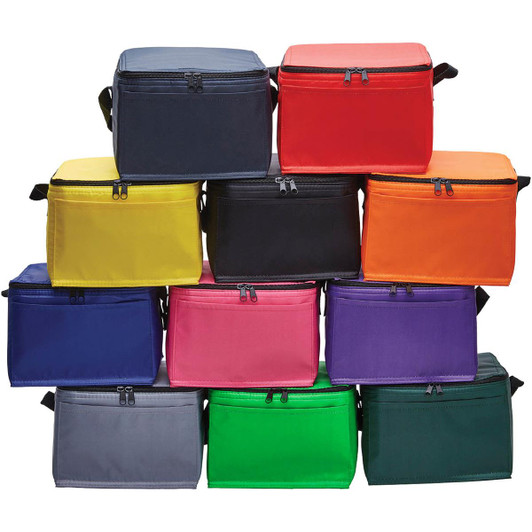 A stack of colourful cooler bags in purple, yellow, green, orange, pink, blue, black, and grey, featuring zippers and handles.