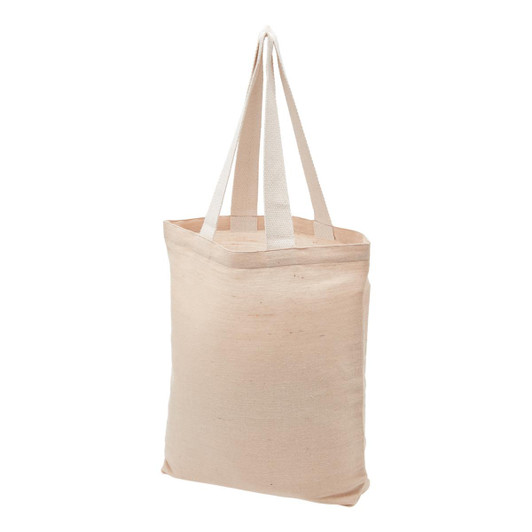 A beige tote bag with two fabric handles. The bag has a simple design and features a logo.