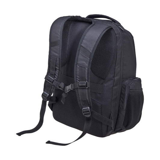A black laptop backpack featuring padded shoulder straps and mesh panels, designed for comfort and ventilation.