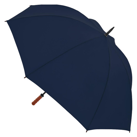 A navy umbrella with a wooden handle and a sturdy frame. It features a brand logo on the handle.