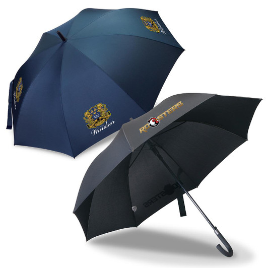 Two umbrellas displayed, one navy blue with a logo and the other black featuring a different logo.