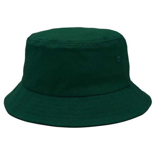 A green bucket hat featuring a simple design and a small logo on the side.