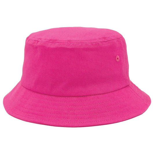 A pink bucket hat with a simple design and stitching details, featuring a small logo.