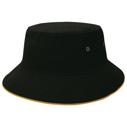 A black bucket hat with a contrasting gold trim and metal eyelets for ventilation. It features a logo.