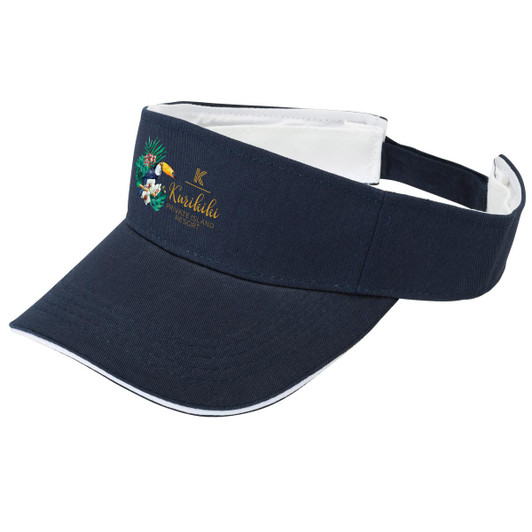 A dark navy visor headwear featuring a logo and decorative design on the front.