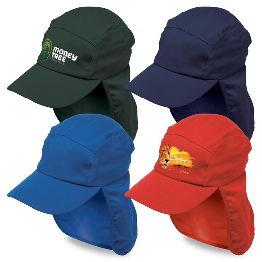 A collection of four headwear items in green, navy, red, and blue, featuring various designs and a logo.