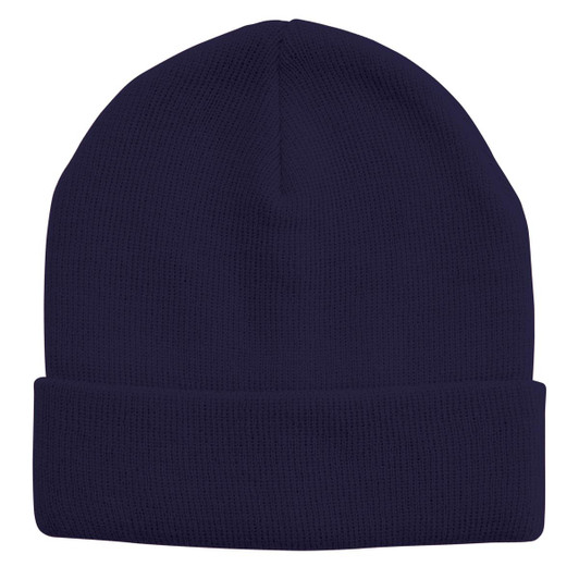 A navy acrylic beanie with a ribbed texture and a folded cuff, featuring a logo.