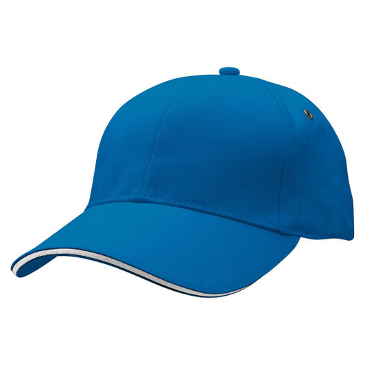A blue Sandwich Peak Cap featuring a curved brim and a small logo. Ideal for casual wear or outdoor activities.