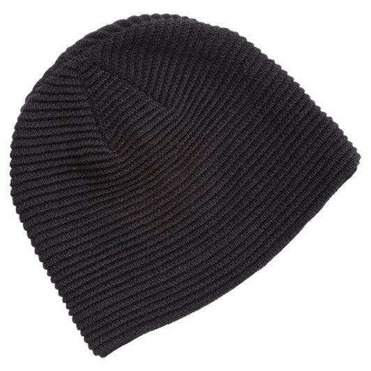 A black ribbed beanie with a soft texture and a logo.