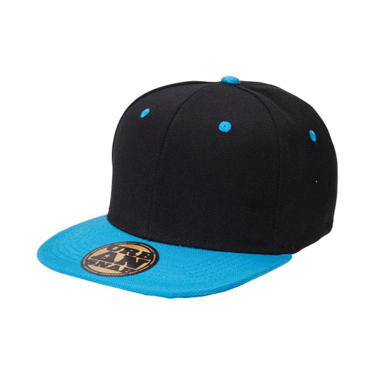 A black snapback cap with a blue brim, featuring a logo on the front.