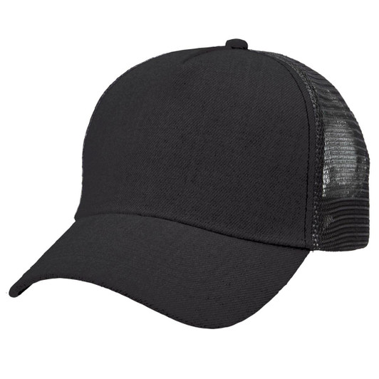 A black heathered mesh trucker cap featuring a solid front and mesh sides, with a logo on the front.