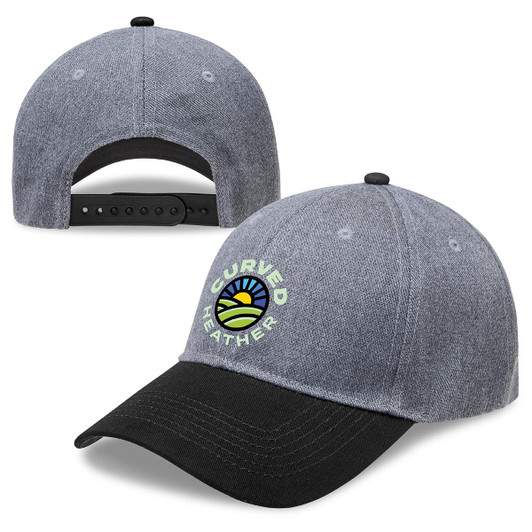 A curved cap in heather grey with a black peak and a logo on the front. Features an adjustable strap at the back.