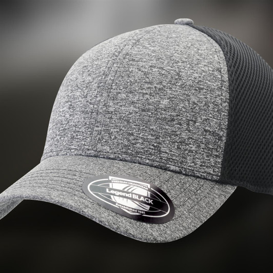 A grey and black trucker cap featuring a textured design and a branded sticker on the brim.