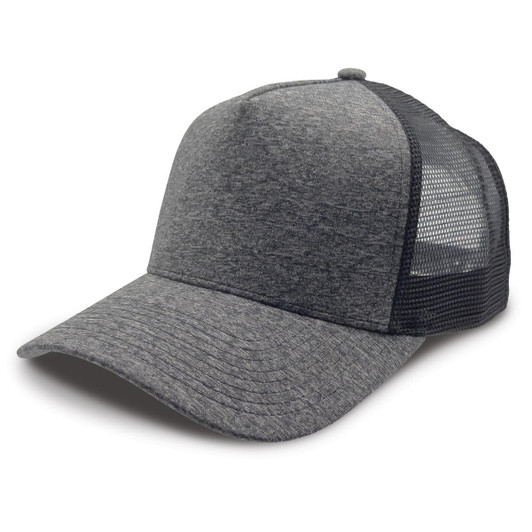 A grey trucker cap featuring a textured front panel and mesh back for breathability. It has a logo on the front.