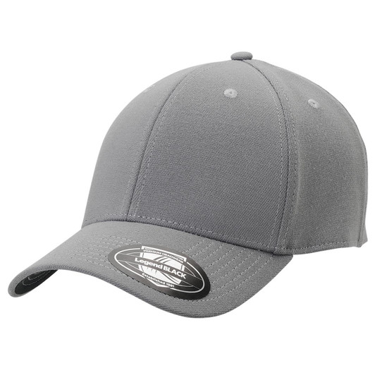 A grey cap with a curved brim and a branding logo on the front. It features a structured design and a fitted style.