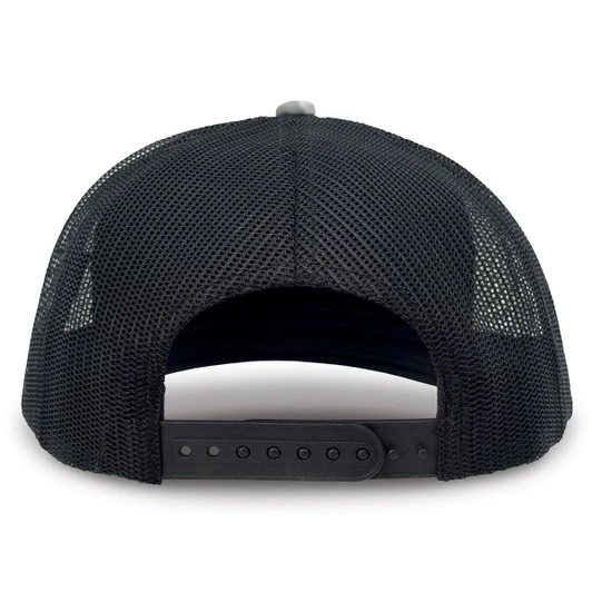 A black trucker cap featuring a mesh back and an adjustable strap. The interior is not visible.