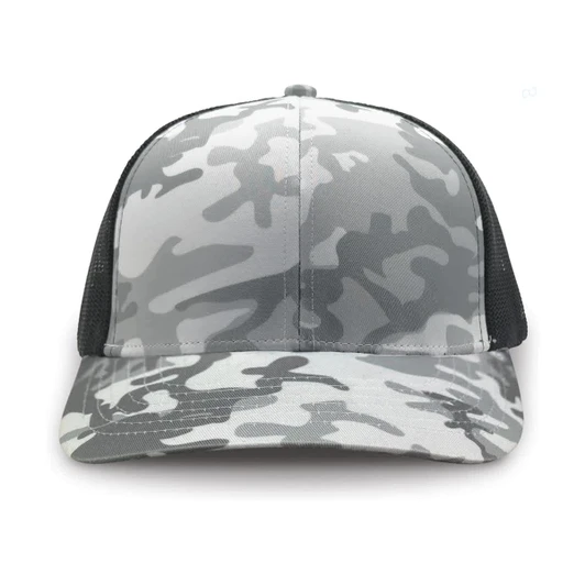 A grey and black trucker cap featuring a snow camouflage pattern and a mesh back with a logo.
