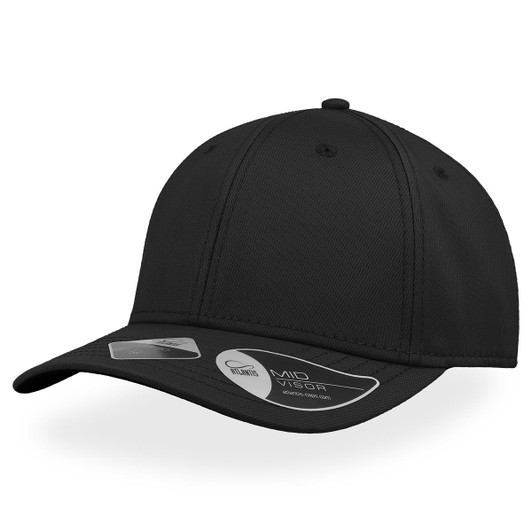 A black cap with a curved brim and a fitted design, featuring a logo on the side.