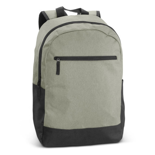 A green and black backpack with a front zip pocket and adjustable shoulder straps, featuring a logo.