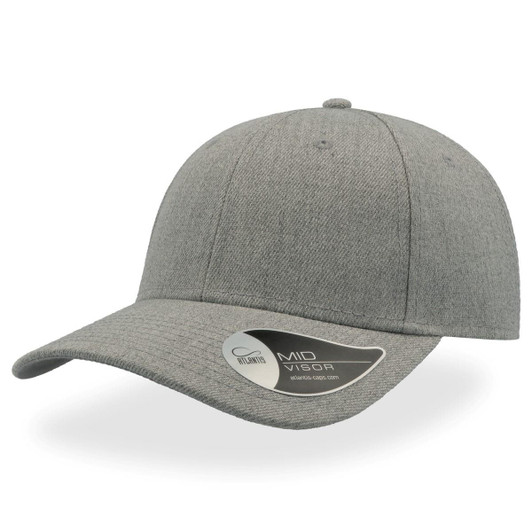 A grey cap with a mid visor, featuring a logo on the side.