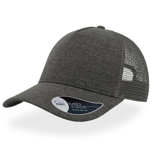 A grey trucker cap featuring a mesh back and curved peak, with a logo on the side.
