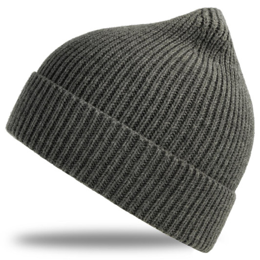 A grey ribbed beanie featuring a logo, designed with a pointed top for added style.
