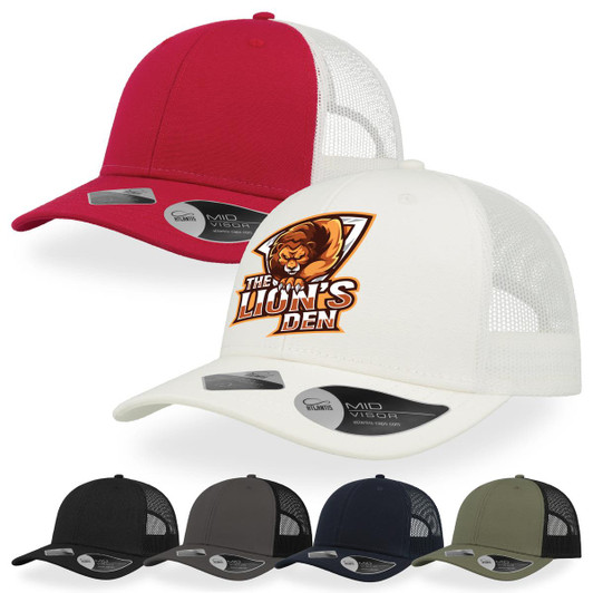 A collection of caps featuring a white cap with a lion logo and several others in black, navy, and olive.