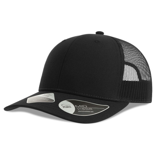 A black trucker cap featuring a solid front and mesh back, with a logo on the side.