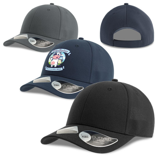 A collection of caps in black, grey, and navy, featuring a varied design and a logo on the front.