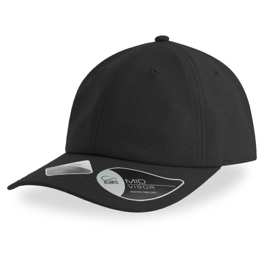A black cap with a mid visor, featuring a logo and a smooth texture.