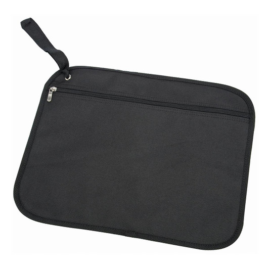 A black satchel with a zippered pocket and a handle, made from durable material. It features a simple, sleek design.