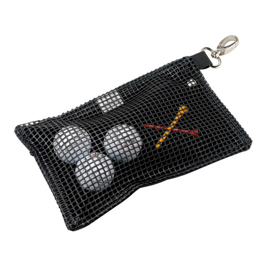 A black microfibre accessories bag containing three golf balls and a few tees, featuring a clip for attachment.