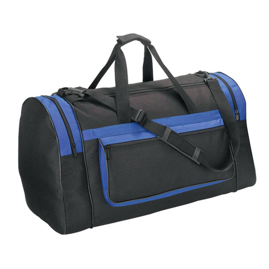 A black duffle bag with blue accents and multiple compartments. The bag features a shoulder strap for easy carrying.