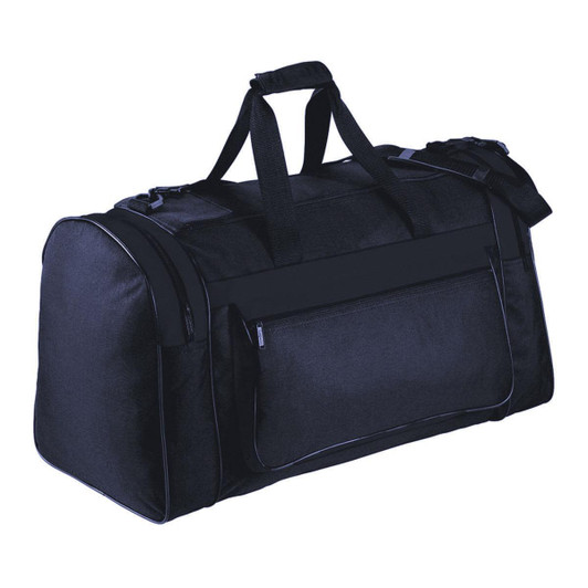 A black duffle bag with double handles, a long shoulder strap, and a front zip pocket, including a logo.