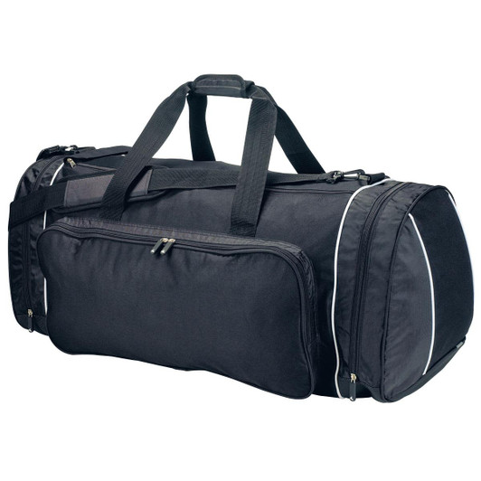 A black duffle bag with multiple zippers, a spacious main compartment, and padded handles. Features a logo.