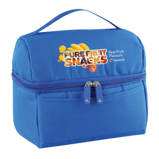 A blue lunch bag with a zip closure and a top handle, featuring a logo and fruit graphics.