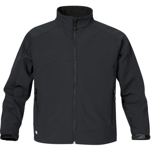 A black men's Cirrus Bonded Jacket featuring a high collar and zippered pockets, with a logo on the front.