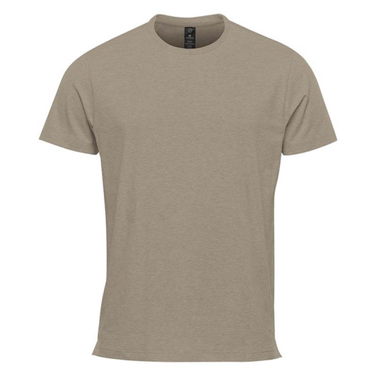 A khaki short sleeve tee with a round neckline and a logo on the tag. Ideal for casual wear.