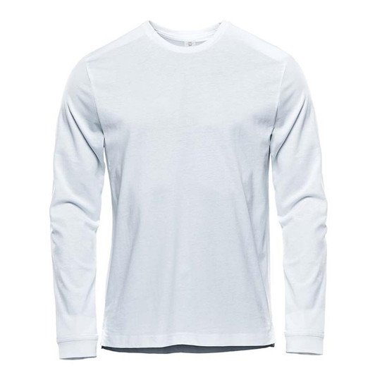 A white long sleeve t-shirt with a crew neck and logo on the chest.