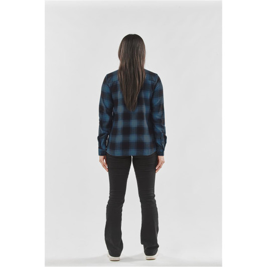 A woman's long-sleeve button-up shirt in navy and black plaid, viewed from the back, worn with black pants.