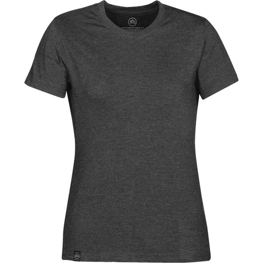 A fitted women's short sleeve t-shirt in a charcoal grey colour, featuring a small logo on the front.