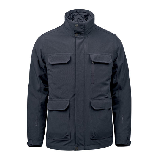 Men's Athabasca System Shell jacket in dark navy, featuring multiple pockets and a high collar. Includes a branding logo.