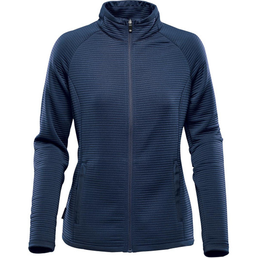A women's jacket in navy blue with a textured design, featuring a zip front and side pockets, branded logo included.