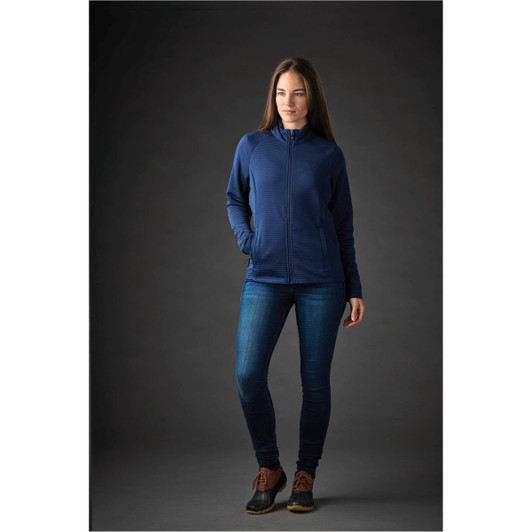 A navy blue women's jacket with a zip front, featuring a fitted design and two side pockets.