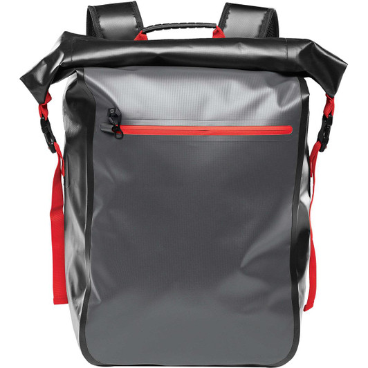 A waterproof grey backpack with red accents, featuring a top roll closure and a front zip pocket.